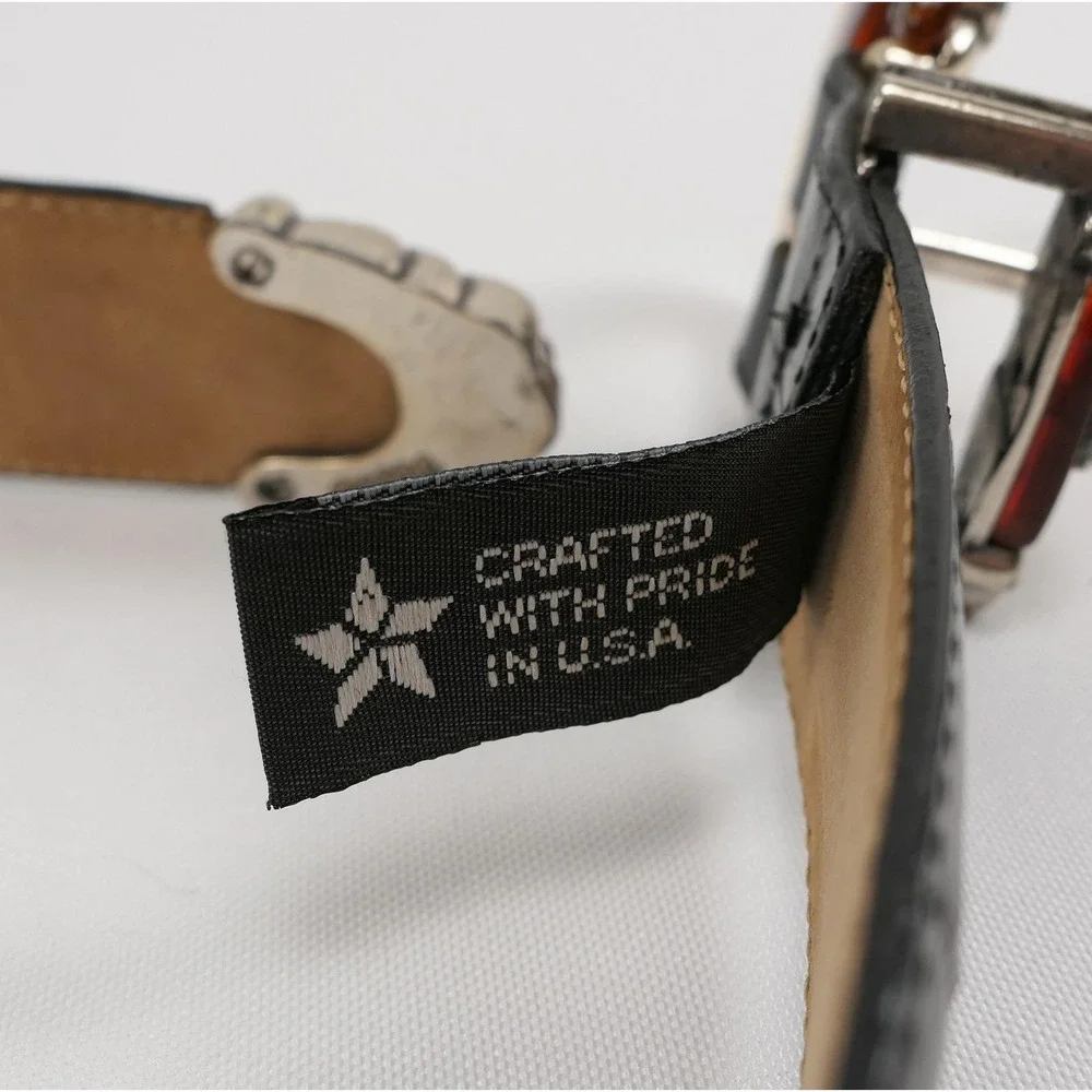 VTG Brighton Black Leather Croc Belt Amber Inlay Embossed Silver Buckle '96 USA